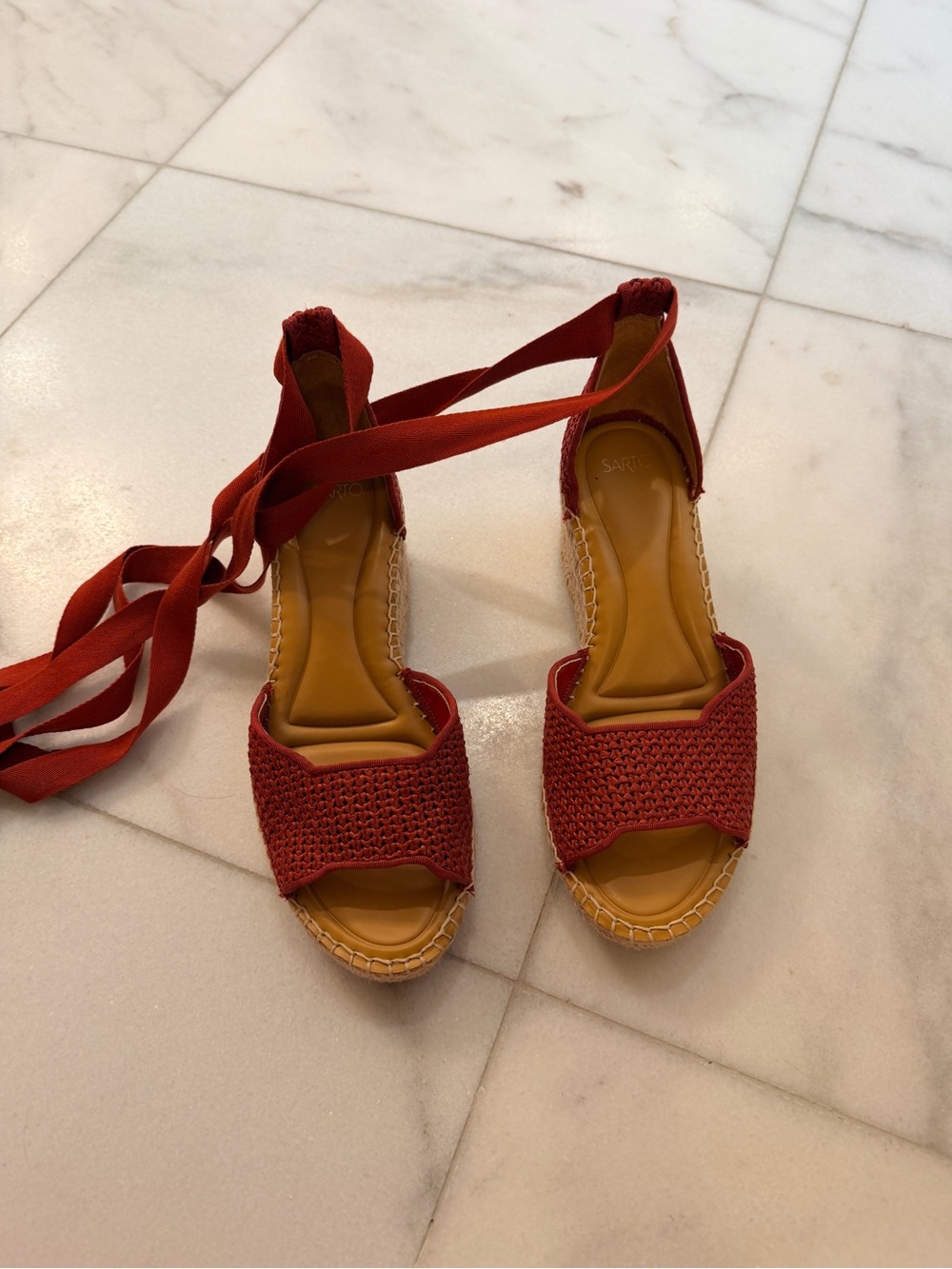 SARTO By Franco Sarto Red Woven Espadrille Wedge Sandals with Ankle Wraps
